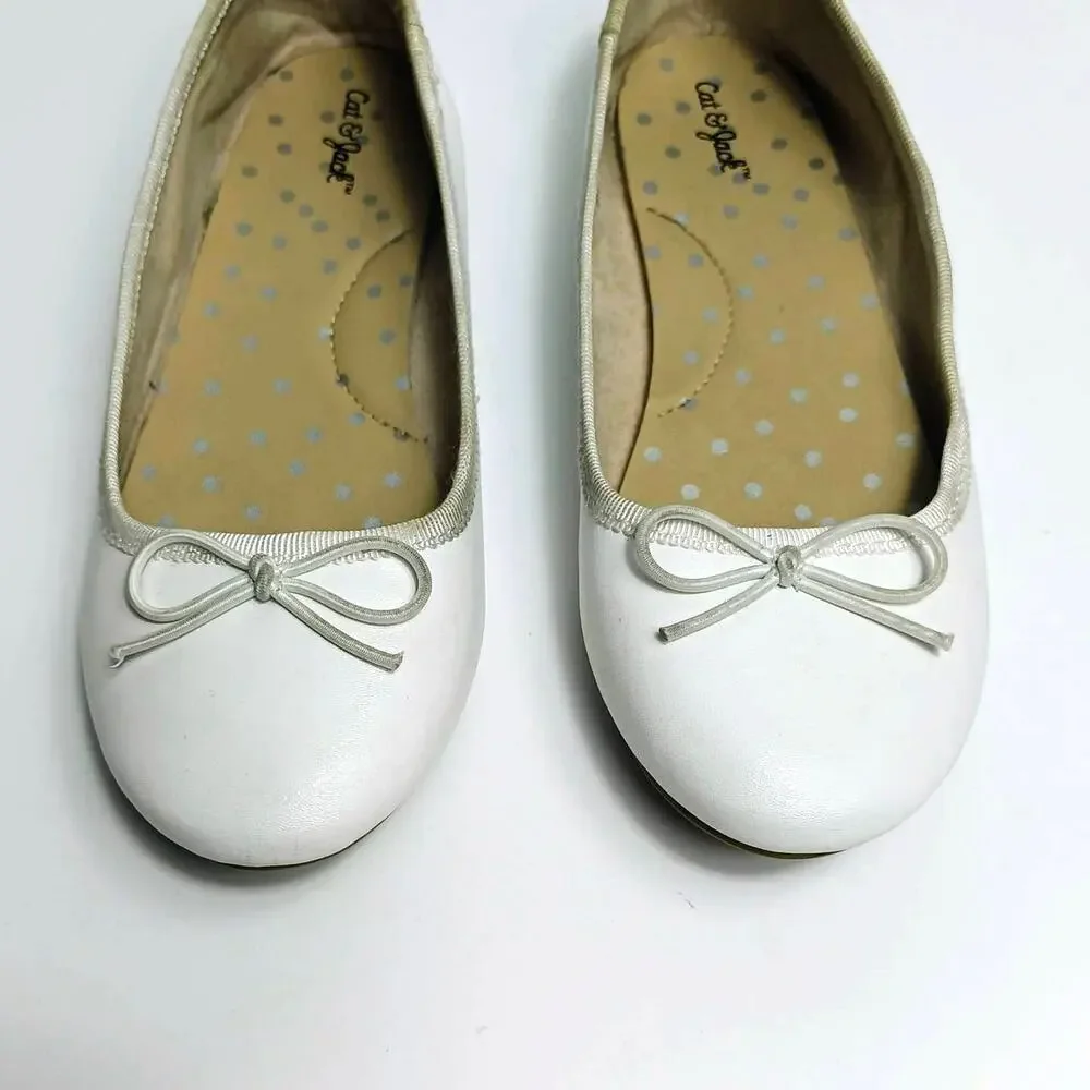 CAT &‎ JACK Girls White Slip-On Ballet Flats Shoes with Bow Pull Tab Size 1